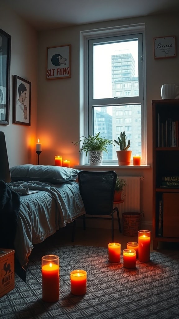 A cozy dorm room with terracotta candle holders and candles lit, creating a warm atmosphere.