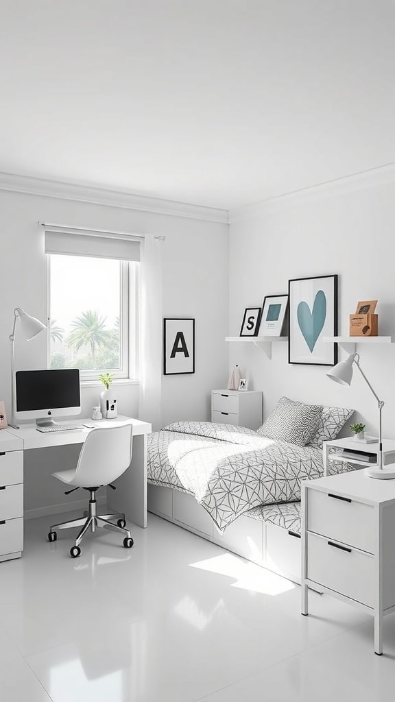 A modern white dorm room featuring geometric patterns on bedding, a desk with a computer, and minimalistic decor.