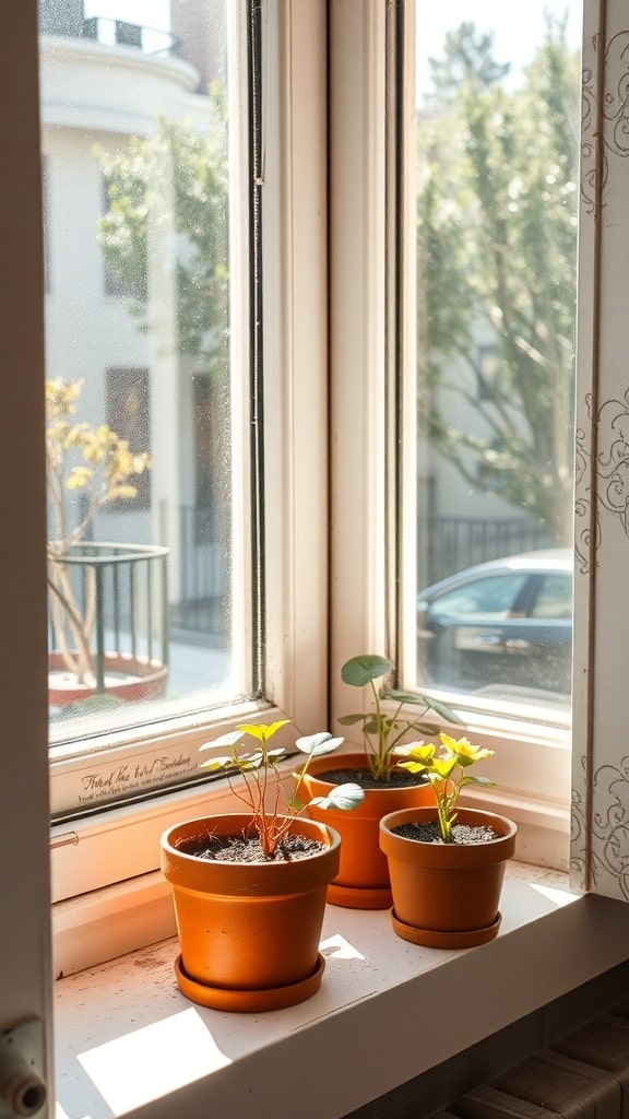 Rust orange plant pots with various plants on a window sill