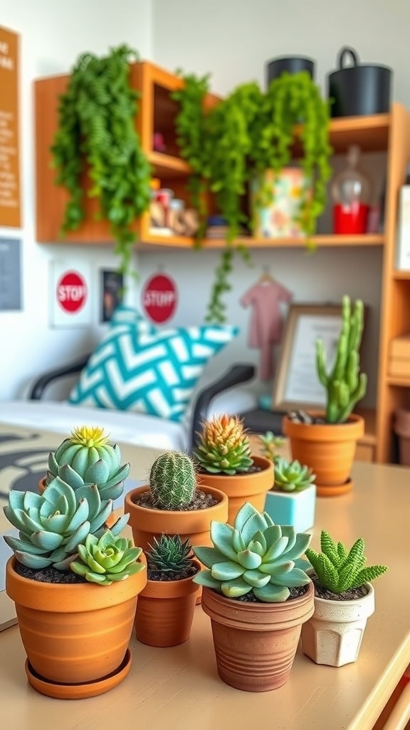 A collection of succulents in terracotta planters on a desk, with a cozy dorm room background.