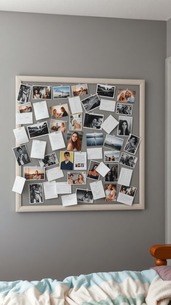 A gray bulletin board filled with photos and notes, mounted on a gray wall.
