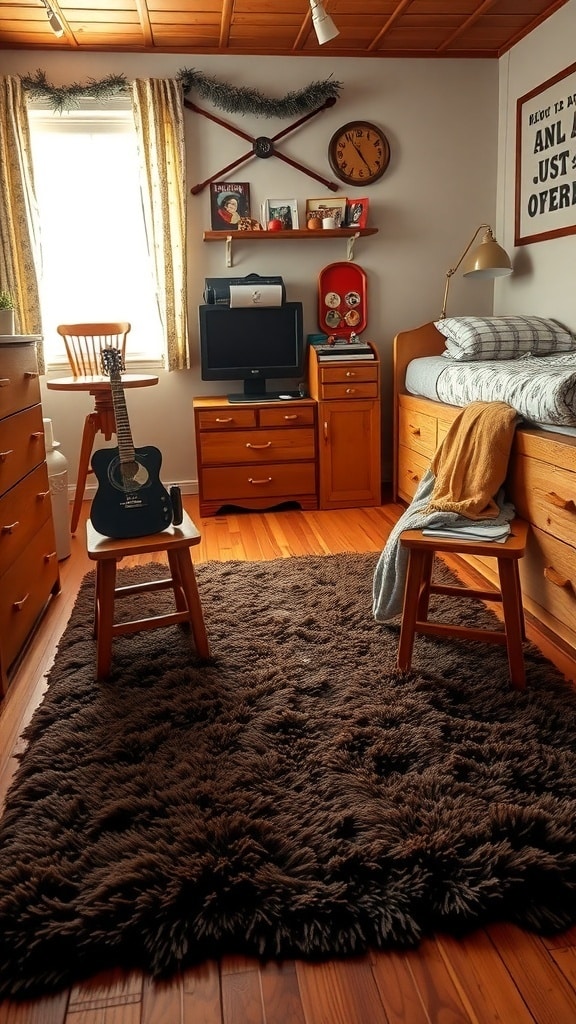 Cozy dorm room with a chocolate brown area rug, wooden furniture, and a guitar.
