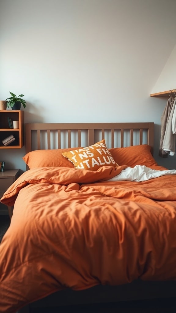 Cozy dorm room bed with orange and white bedding, featuring a decorative pillow.
