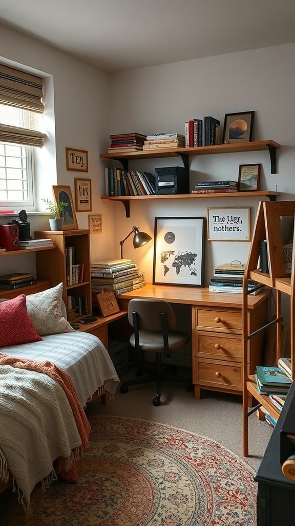 A cozy dorm room featuring reclaimed wood accents, including shelves and a desk, with warm lighting and personal decor.