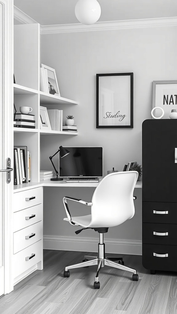 A minimalist study area featuring a white desk, black storage unit, and modern chair in a black and white color scheme.