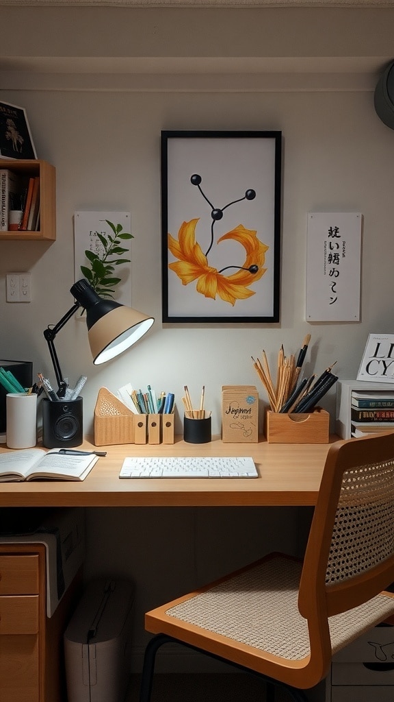 A well-organized desk in a Japandi style dorm room, featuring a wooden desk, a desk lamp, stationery holders, and framed artwork.