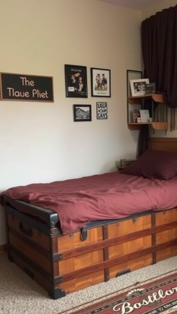 A vintage trunk used as a bed base in a dorm room, showcasing storage and style.