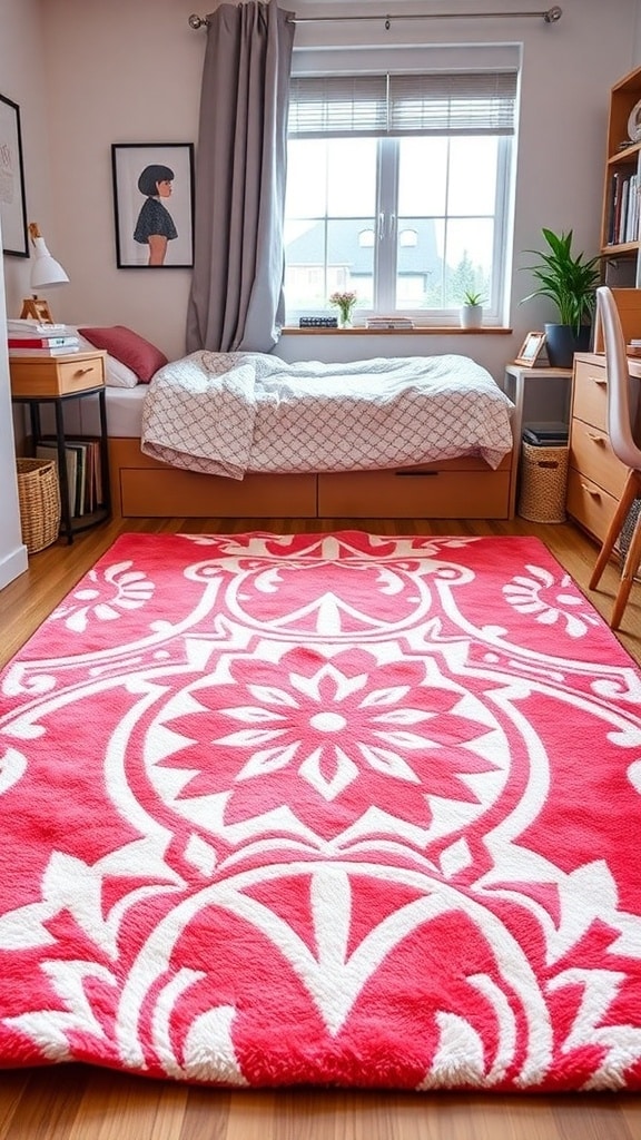 A stylish pink and white area rug with Art Deco patterns in a dorm room setting.