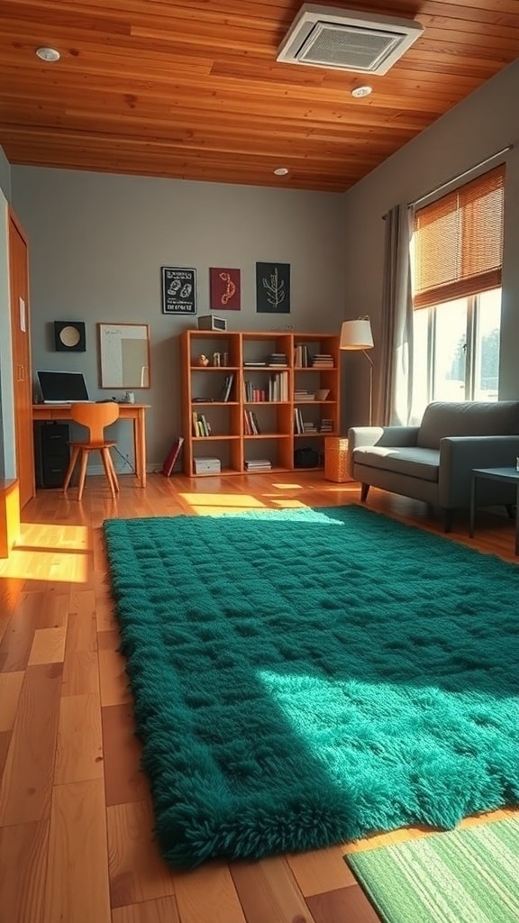 A cozy dorm room featuring a plush emerald green rug on a wooden floor, with a desk, bookshelf, and a sofa.