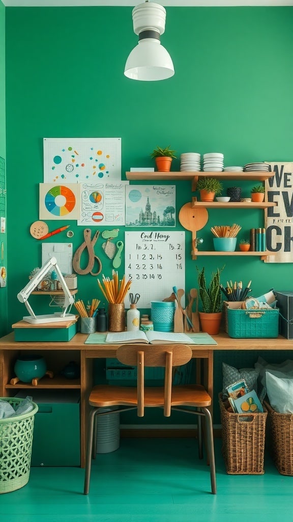 A vibrant emerald green workspace with a desk, shelves, and organized supplies.