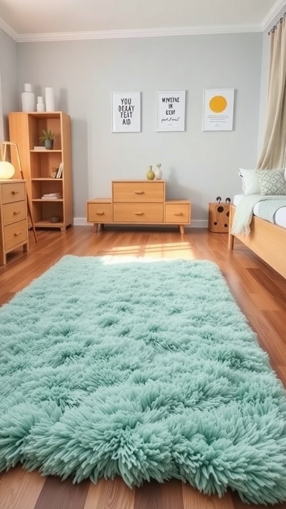 A cozy mint green rug in a dorm room setting with wooden furniture and light gray walls.