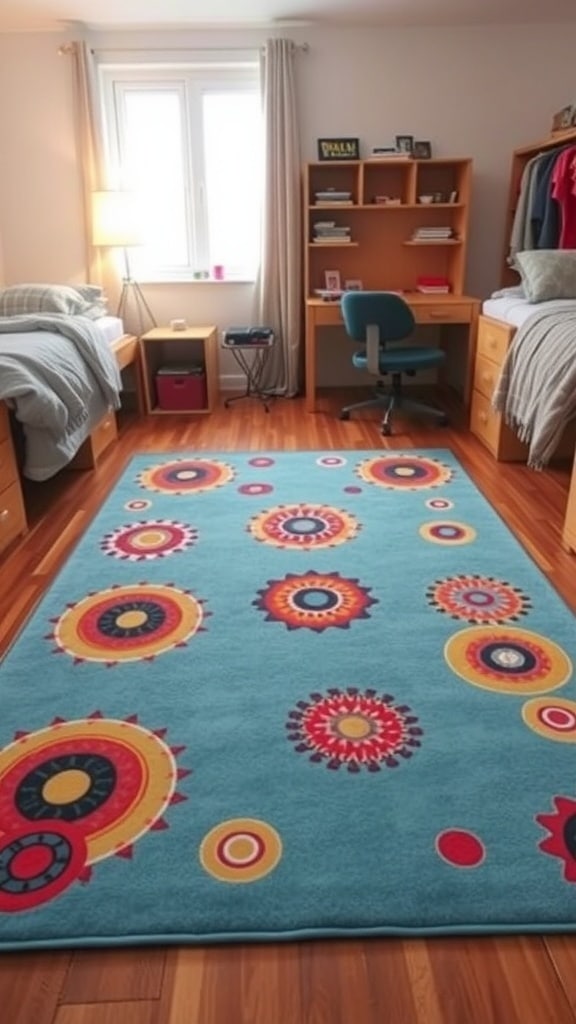 A light blue area rug with retro designs featuring colorful circular patterns in a dorm room setting.