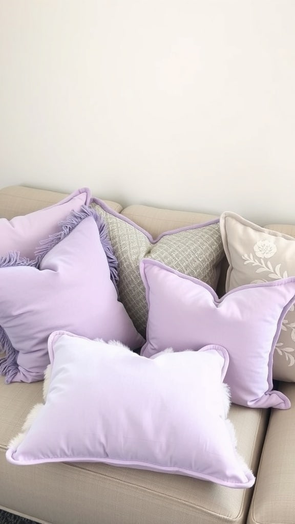 A collection of lavender-themed throw pillows on a couch, featuring different textures and designs.
