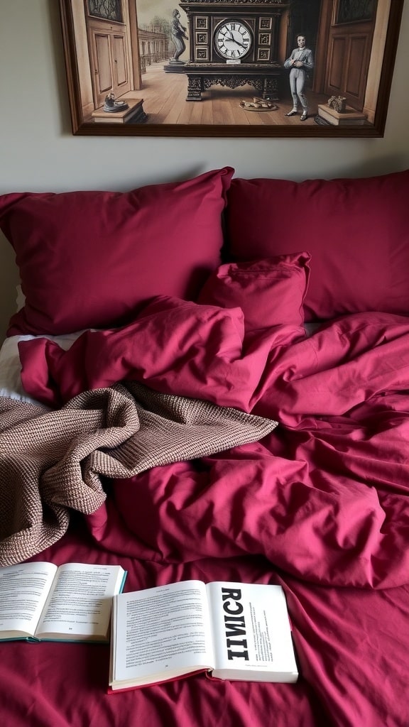 A cozy bed with plush burgundy bedding, textured throw blanket, and open books.