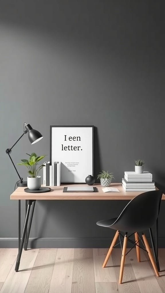 Minimalist Scandinavian desk setup with a wooden desk, black chair, lamp, and plants against a charcoal gray wall.