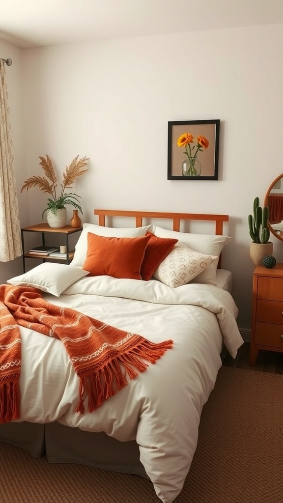 A cozy dorm room with terracotta accented bedding, featuring pillows and a throw blanket in warm colors.