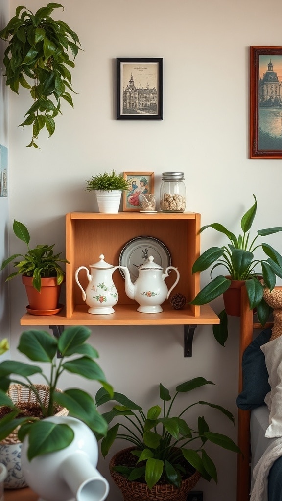 A vintage tea set displayed on a wooden shelf surrounded by potted plants.