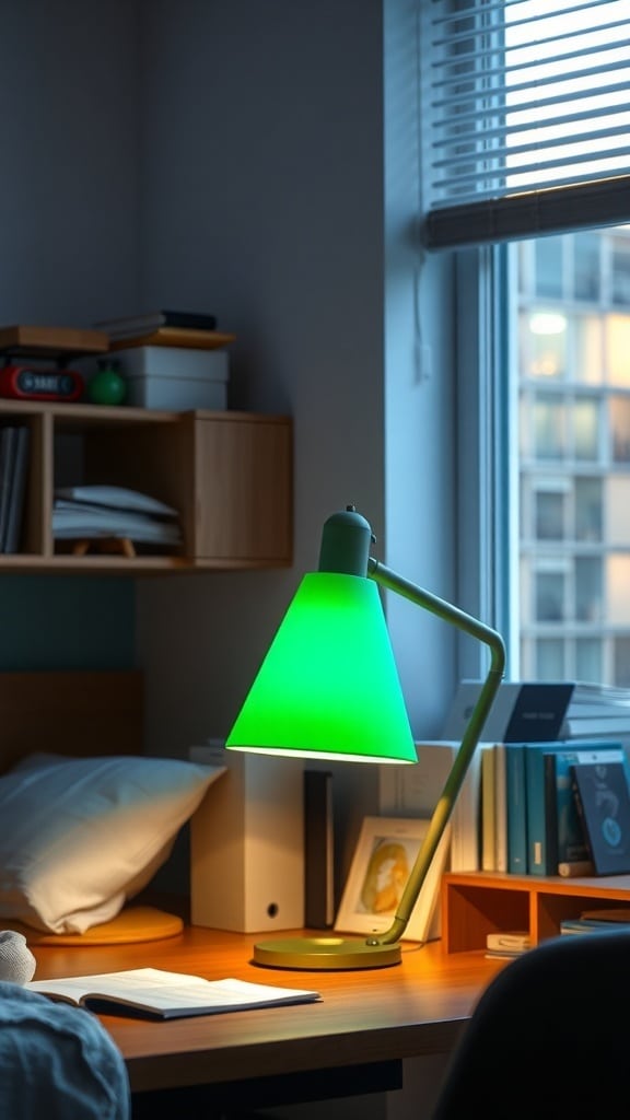 A green desk lamp on a wooden table beside a window, with books and a pillow in the background.