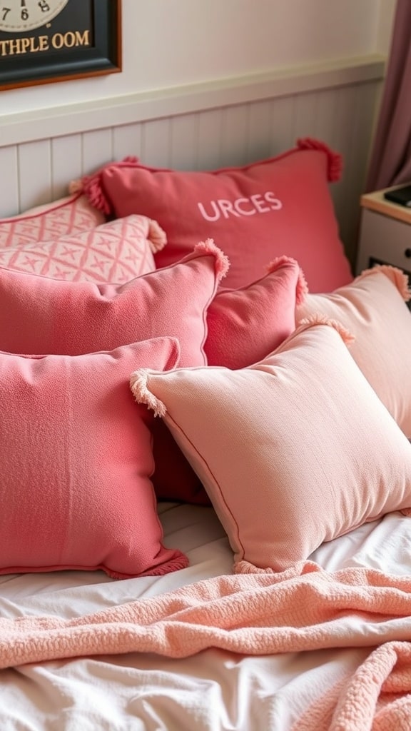 A collection of plush pink throw pillows on a bed, showcasing various textures and designs.