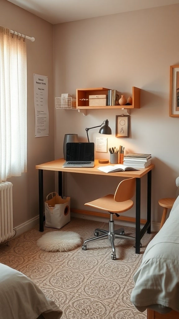 A cozy study space in taupe tones featuring a wooden desk, a comfortable chair, and wall-mounted shelves.