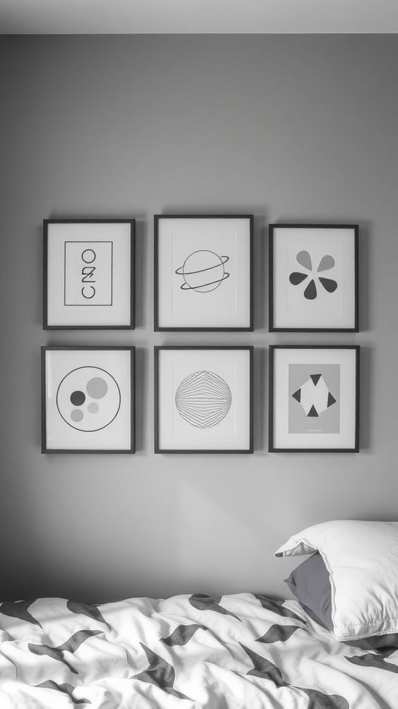 A collection of six minimalist black and white framed prints on a gray wall above a bed.