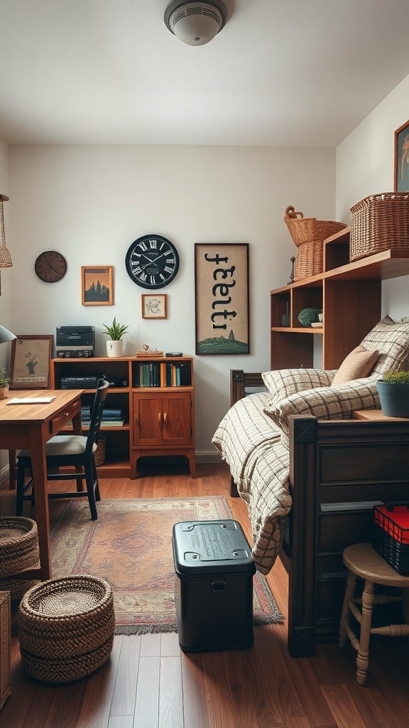 A cozy dorm room with rustic wooden furniture, including a desk, bed, and shelves, decorated with plants and woven baskets.