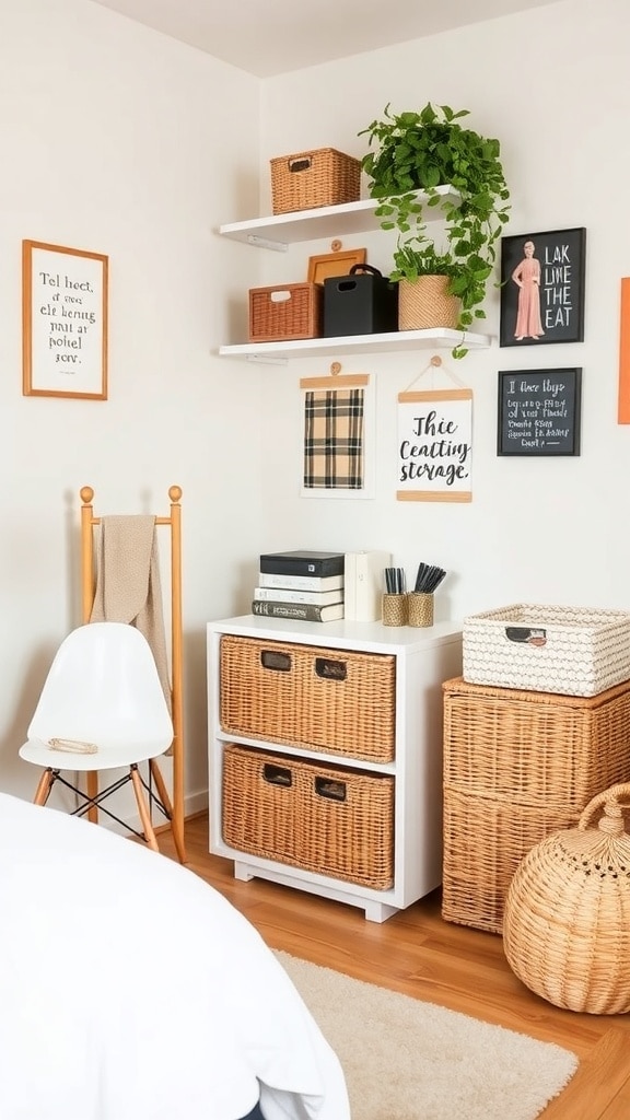 A cozy dorm room corner featuring woven baskets for storage, a plant, and wall art.