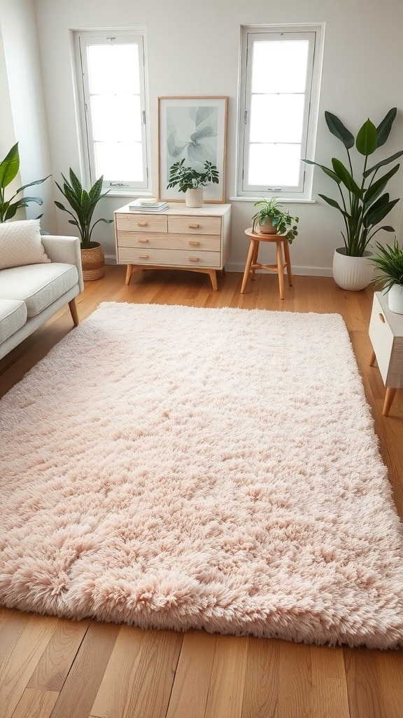 A cozy blush pink rug on a wooden floor, surrounded by light furniture and plants.