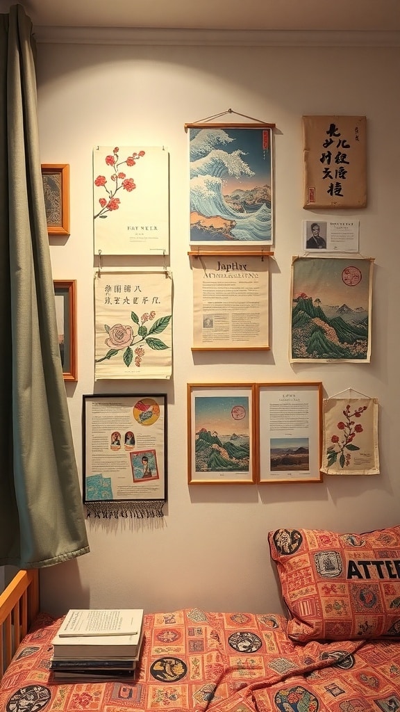 A wall decorated with various artistic prints and frames in a dorm room.