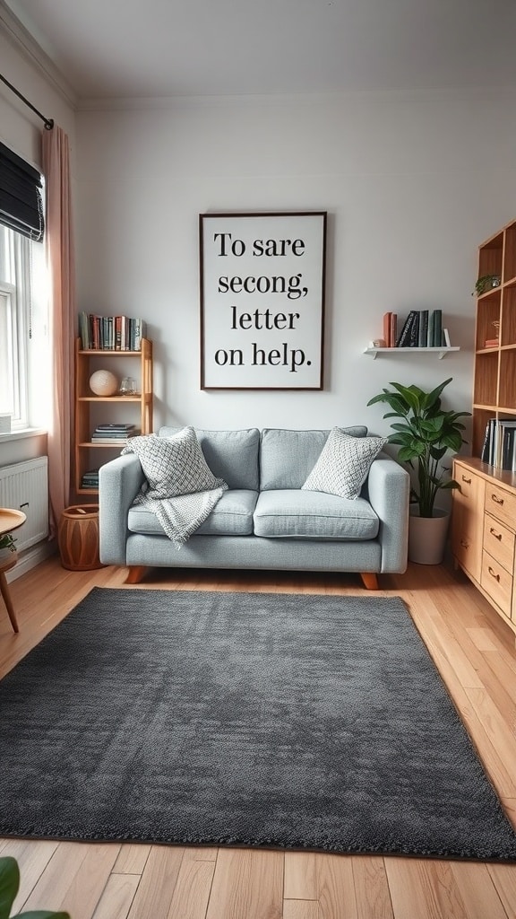 A cozy dorm room with a charcoal gray area rug, light wood flooring, and a blue sofa.