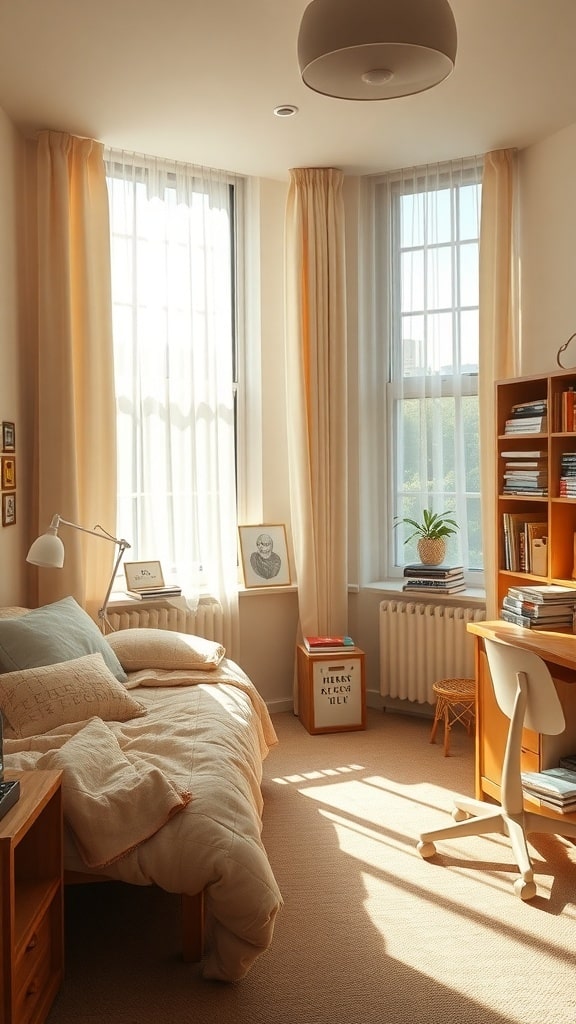 A bright and airy dorm room with large windows, soft curtains, and a cozy bed.