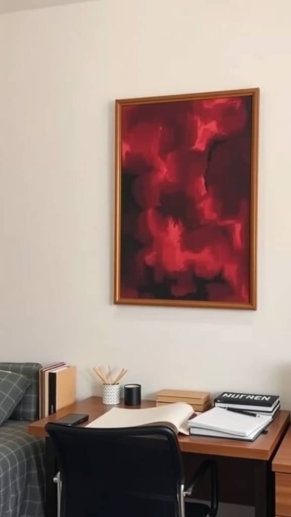 Abstract burgundy wall art in a dorm room setting