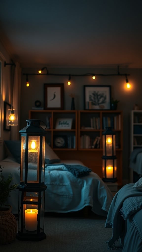 A cozy dorm room with mood lighting created by lanterns and string lights.