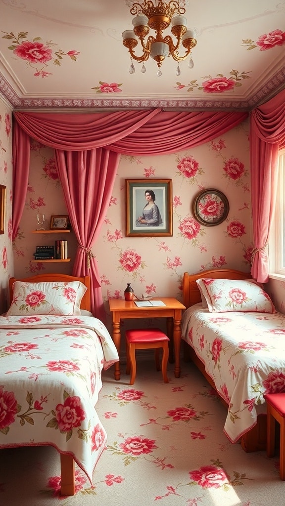 A feminine dorm room with floral wallpaper, matching bedding, and elegant decor.