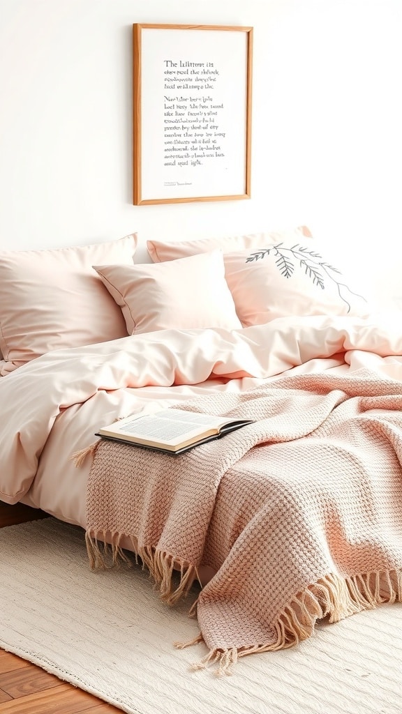 A cozy dorm room bed with soft blush pink bedding, a textured throw blanket, and an open book.