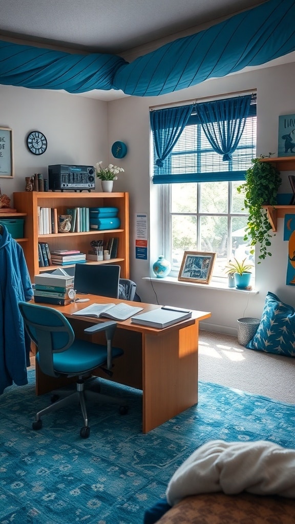 A stylish study space featuring peacock blue accents, a wooden desk, and natural light.