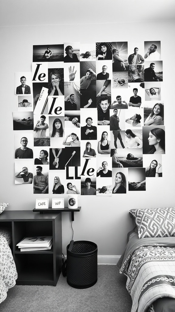 A wall collage of black-and-white photographs in a dorm room setting.