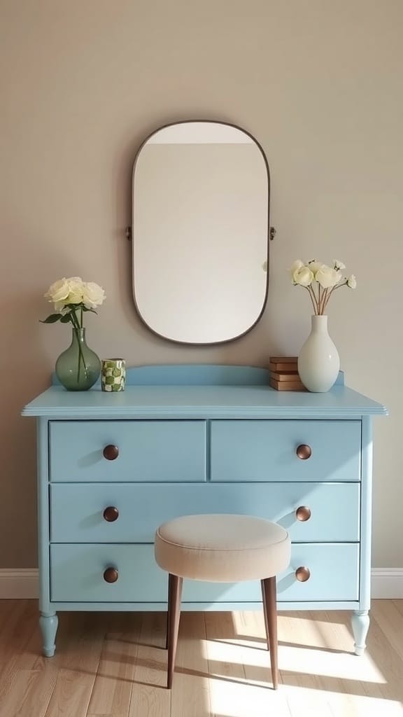Mid-century light blue dresser with a retro oval mirror, flowers, and decorative items