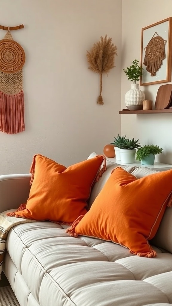 Bohemian terracotta throw pillows on a couch with a neutral color scheme
