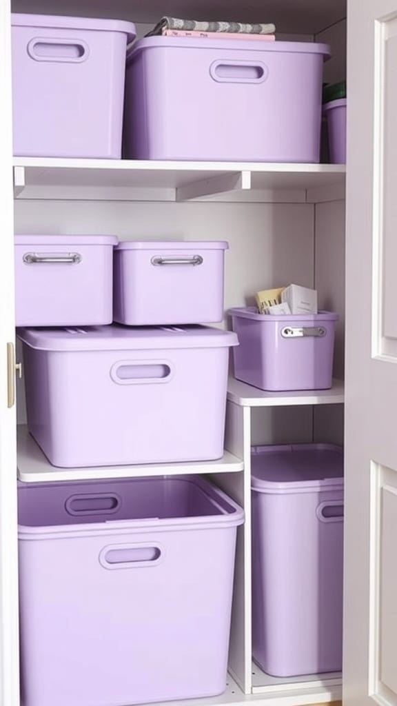 Lavender storage bins neatly arranged on shelves