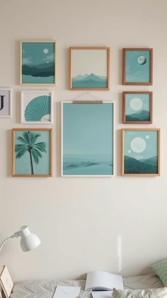A collection of mint-themed wall art in various frames, featuring landscapes and abstract designs.