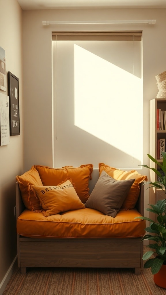 Cozy cushioned seating nook with yellow cushions and a plant