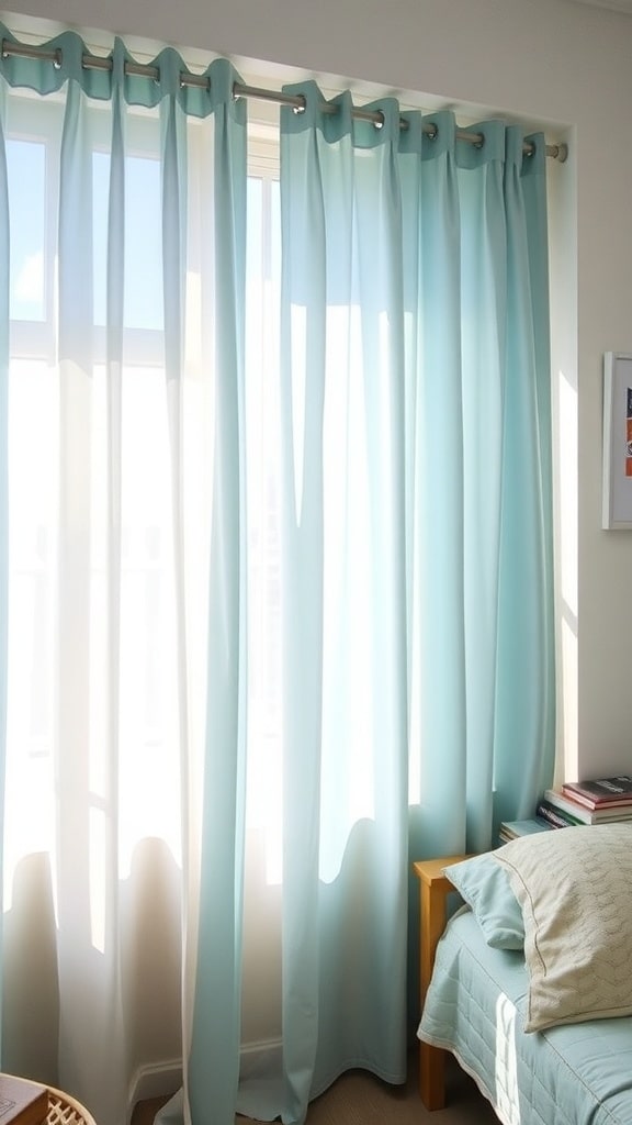 Light and airy coastal blue curtains in a dorm room