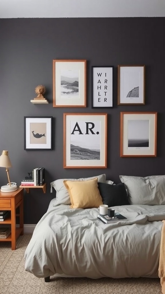 A stylish dorm room featuring a charcoal gray accent wall with framed artwork, a cozy bed, and wooden furniture.