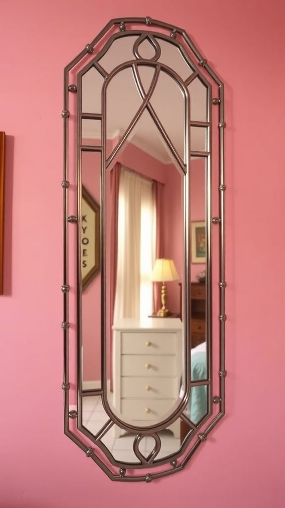 A decorative mirror with geometric shapes on a pink wall in a dorm room.