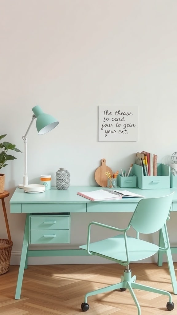 A mint-colored desk with accessories, including a lamp, storage boxes, and a motivational quote on the wall.