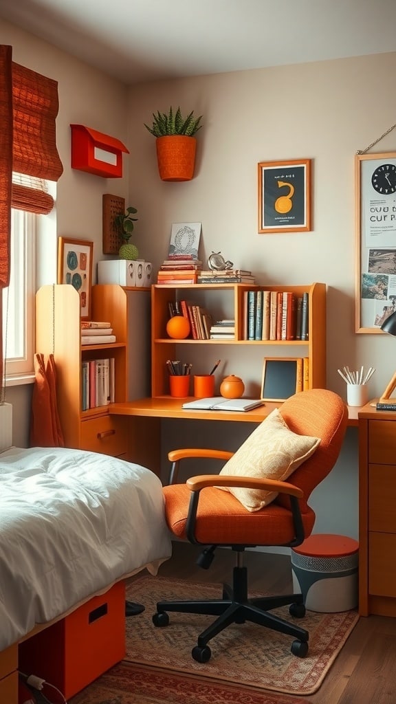 A cozy orange-themed study nook with a desk, chair, and decorative items.