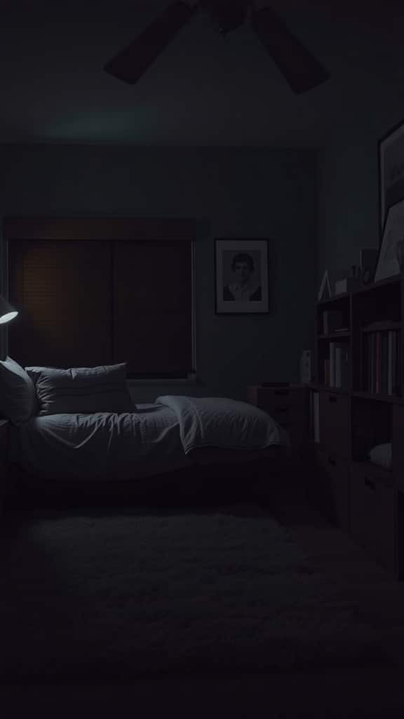 A dark dorm room featuring a plush area rug, bed, and bookshelves.