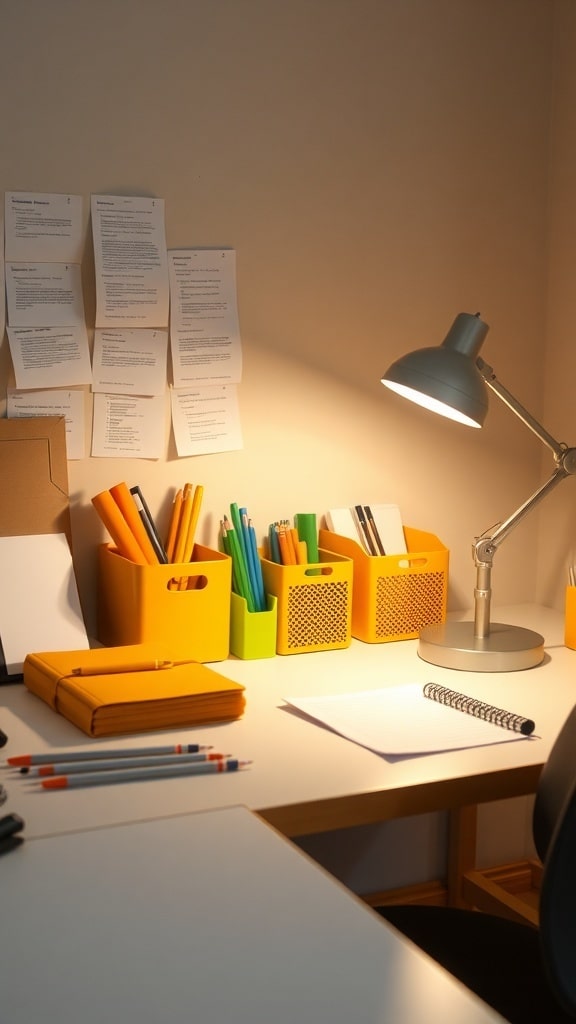 A desk with mustard yellow accessories including storage bins, pens, and a lamp.