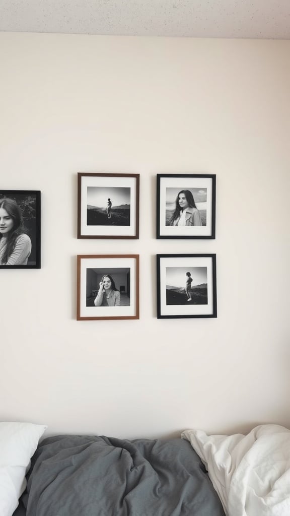 Wall with framed black and white photographs in a minimalist dorm room